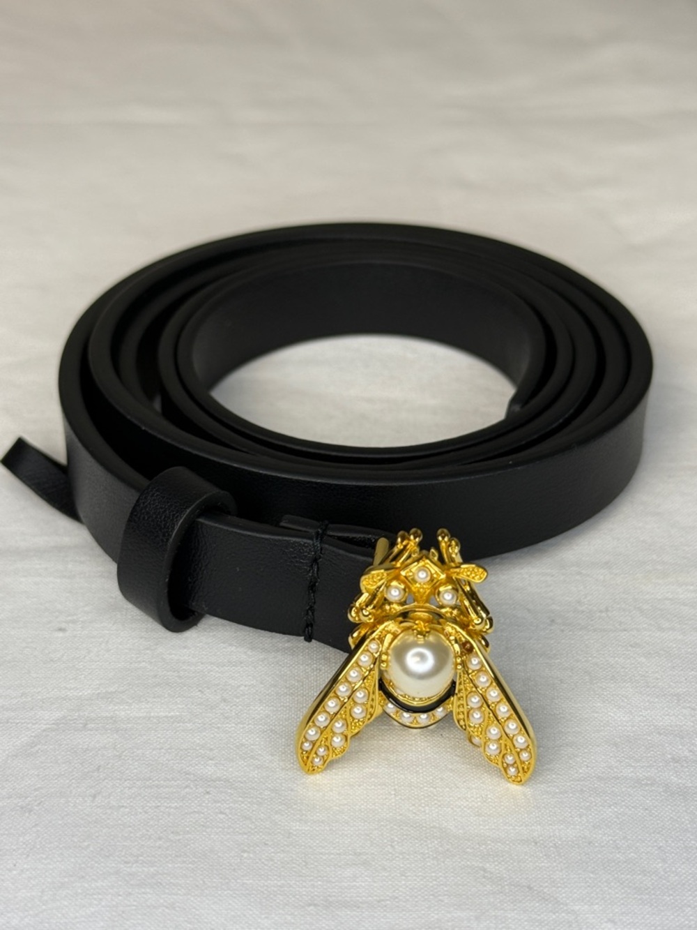 Christian Dior Bee Pearl Leather Belt Black 70cm Gold Charm - Picture 2 of 5